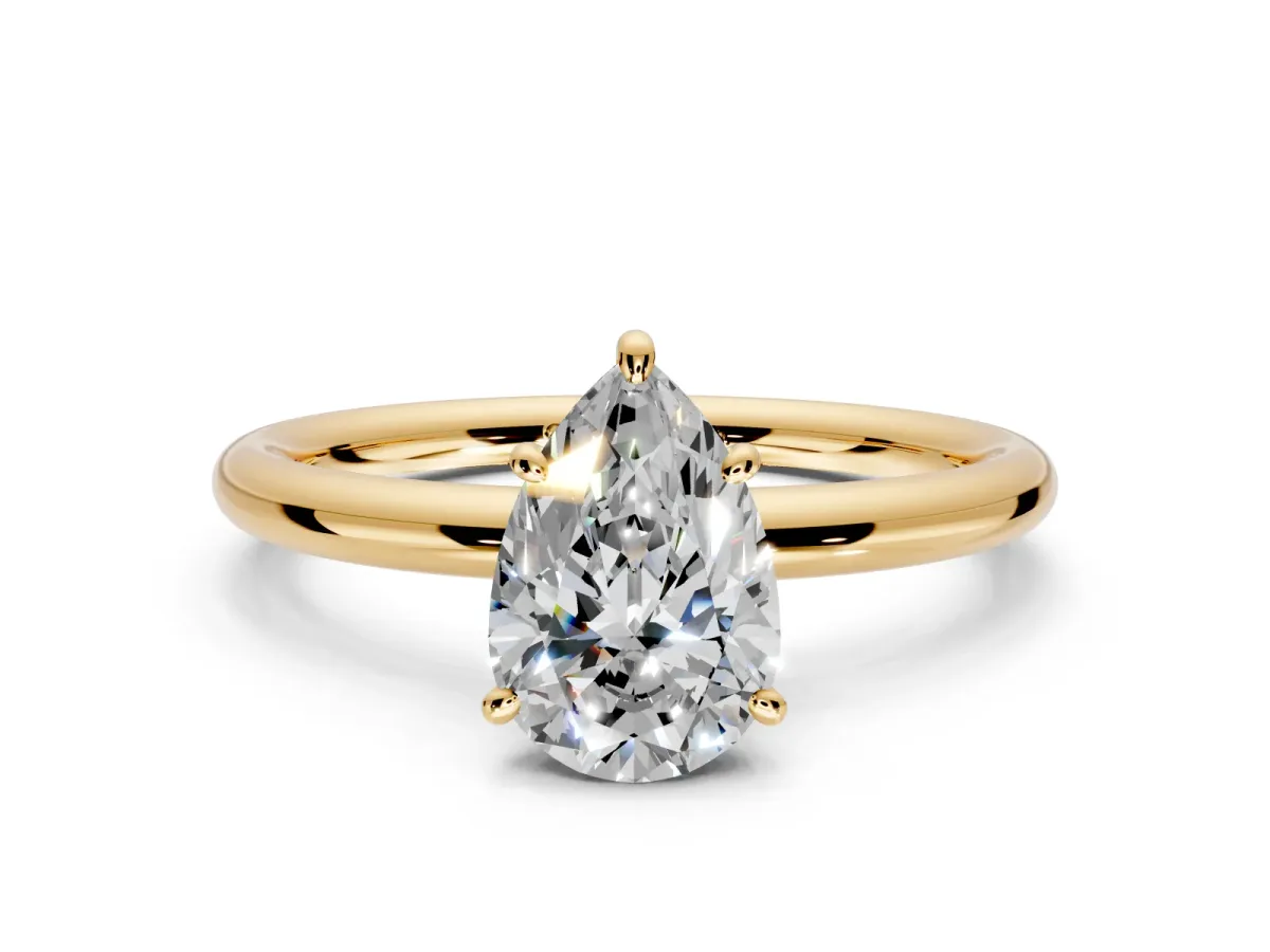 Low-Set Solitaire Engagement Ring Setting for Pear-Shaped Center with Thin Plain Band and Prong Head in Yellow Gold