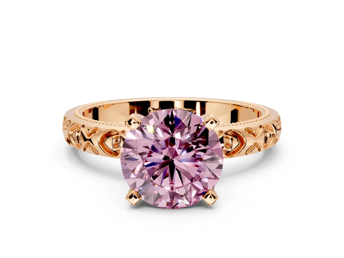 Solitaire Engagement Ring Setting for Fancy Pink Round Cut Center with XO Engraved Band and Prong Head in Rose Gold