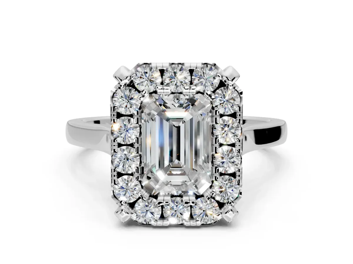 Single Halo Engagement Ring Setting for Emerald Cut Center with Corner Claws, Plain Band and Prong Head in White Gold
