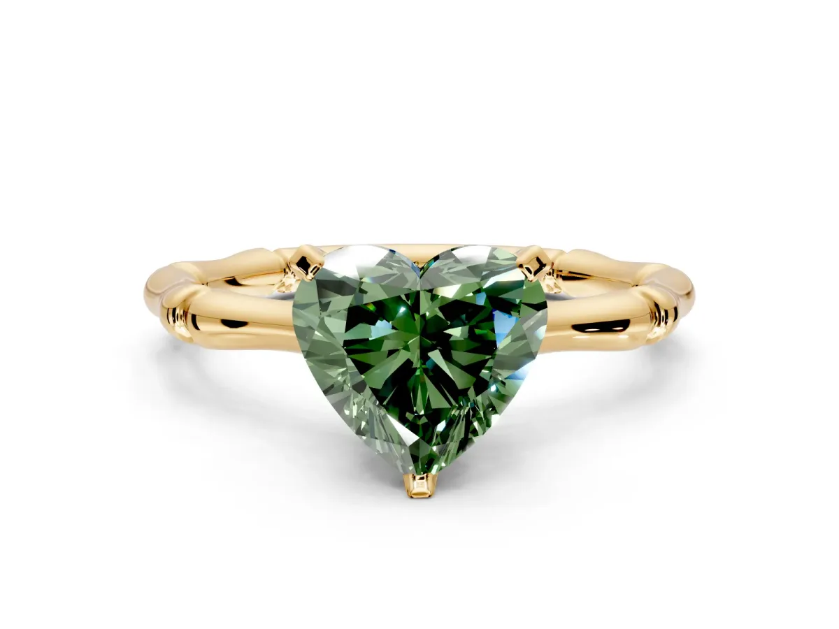 Solitaire Engagement Ring Setting for Fancy Green Heart-Shaped Center with Bamboo Band and Prong Head in Yellow Gold