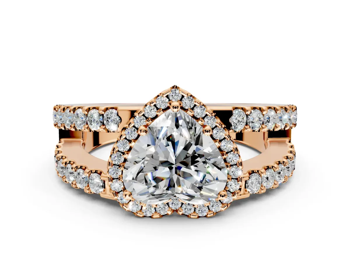 Halo Engagement Ring Setting for Heart-Shaped Center with Wide-Open Pave Split Shank and Prong Head in Rose Gold