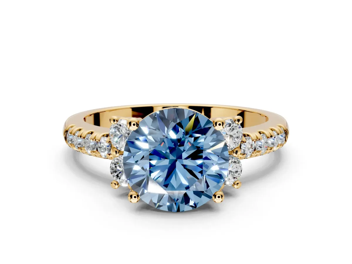 Paired Accent Engagement Ring Setting for Fancy Blue Round Cut Center with Pave Band and Prong Head in Yellow Gold