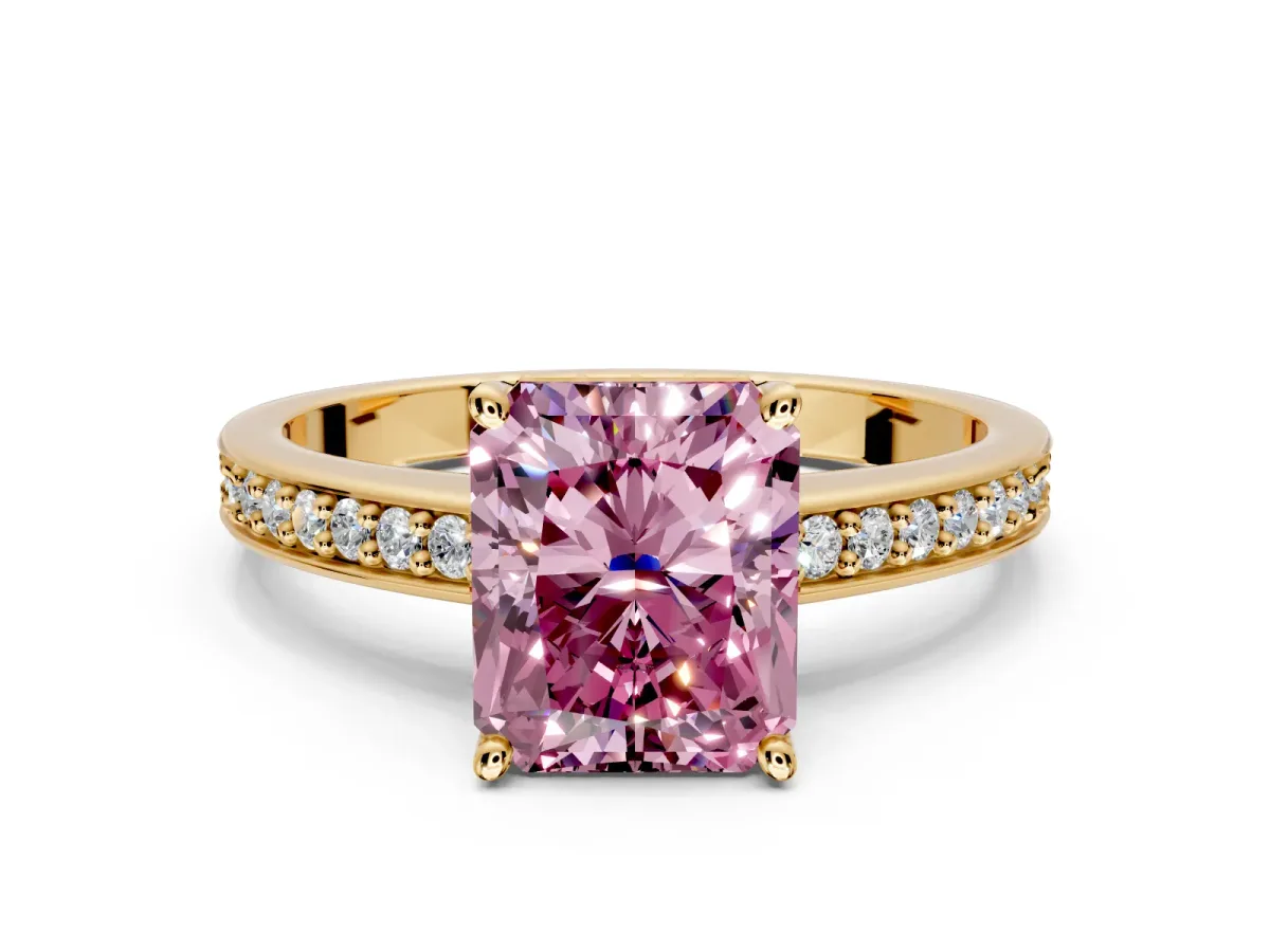 Solitaire Engagement Ring Setting for Fancy Pink Radiant Cut Center with Channel-Set Accent Band and Prong Head in Yellow Gold