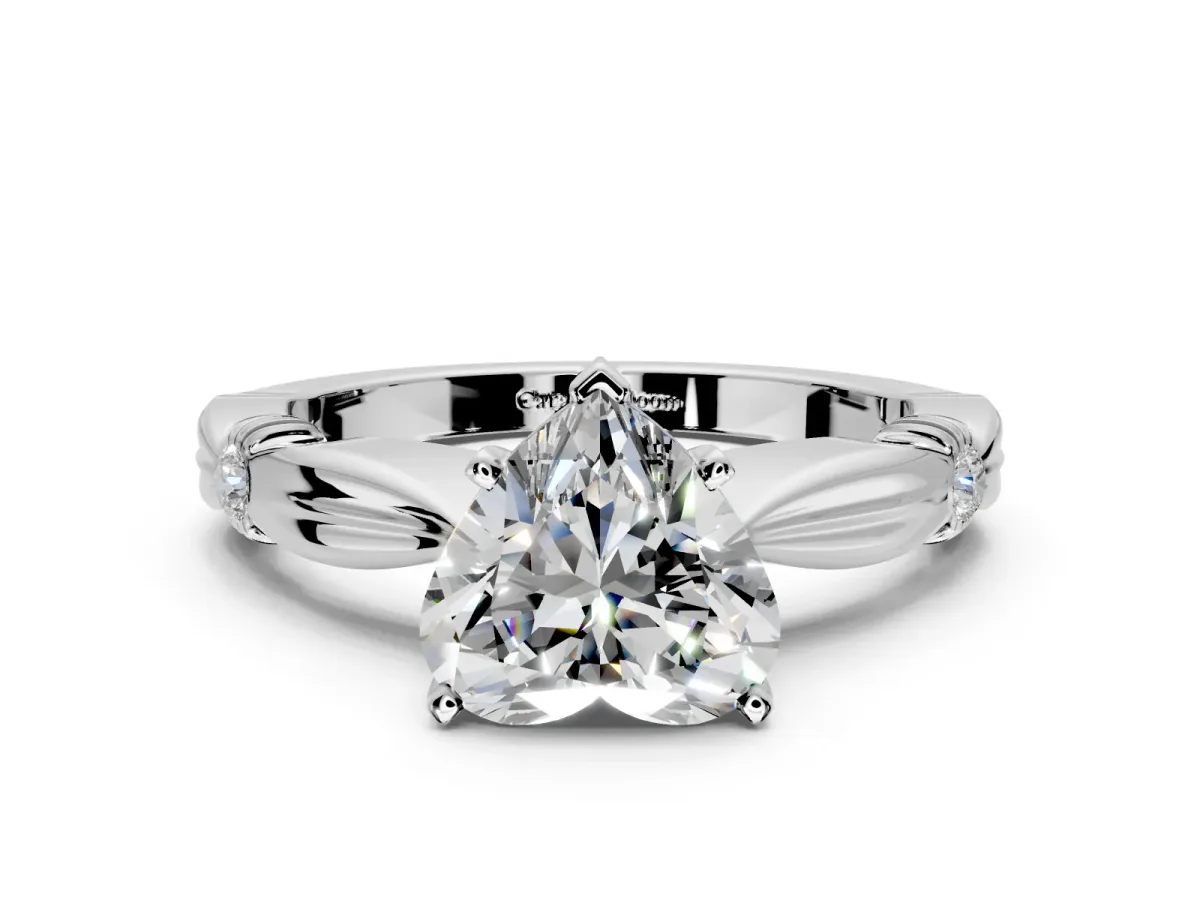 Solitaire Engagement Ring Setting for Heart-Shaped Center with Carved Leaf Shoulders and Prong Head in Platinum