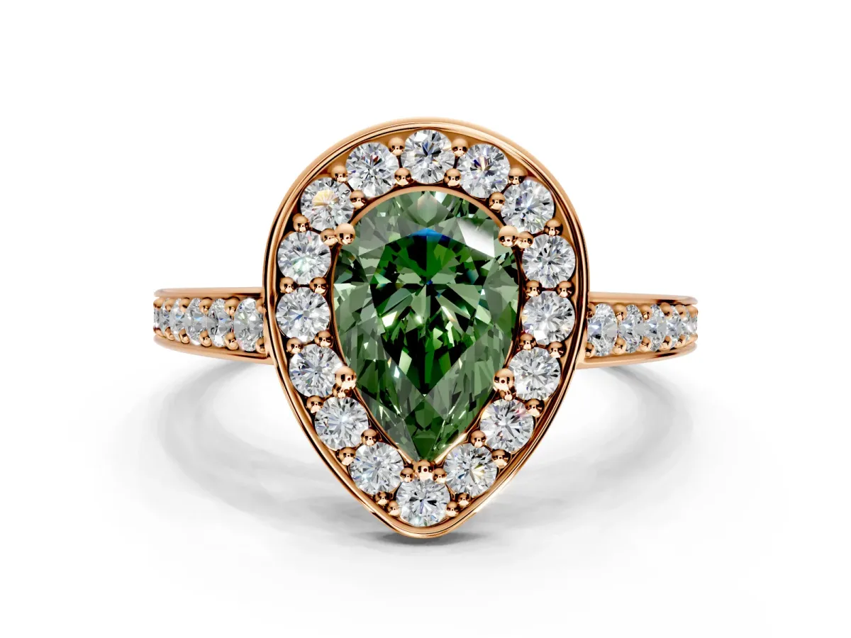 Bezel-Framed Halo Engagement Ring Setting for Fancy Green Pear-Shaped Center with Pave Band and Prong Head in Rose Gold
