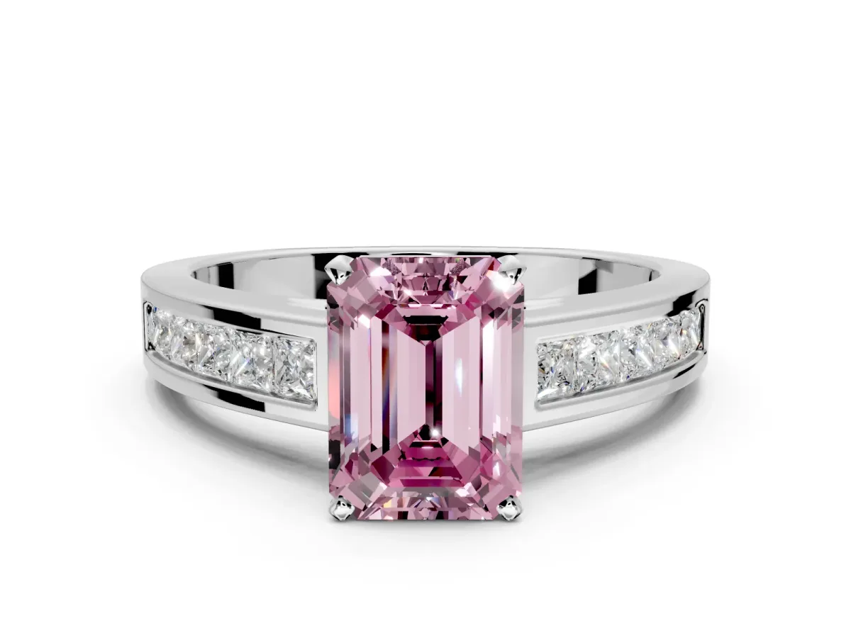 Solitaire Engagement Ring Setting for Fancy Pink Emerald Cut Center with Princess Cut Channel Band and Prong Head in Platinum