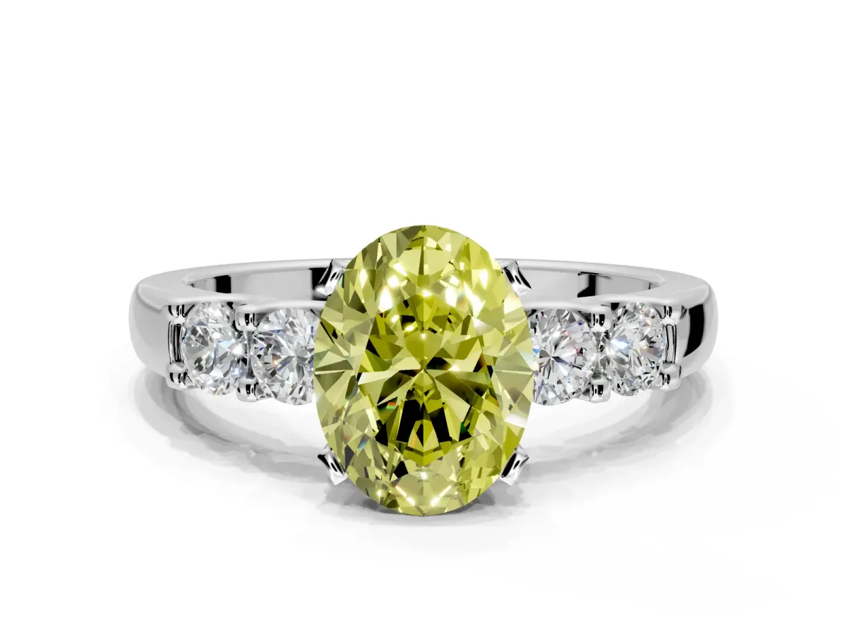 5 Stone Engagement Ring Setting for Fancy Yellow Oval Center with Plain Band and Prong Head in White Gold