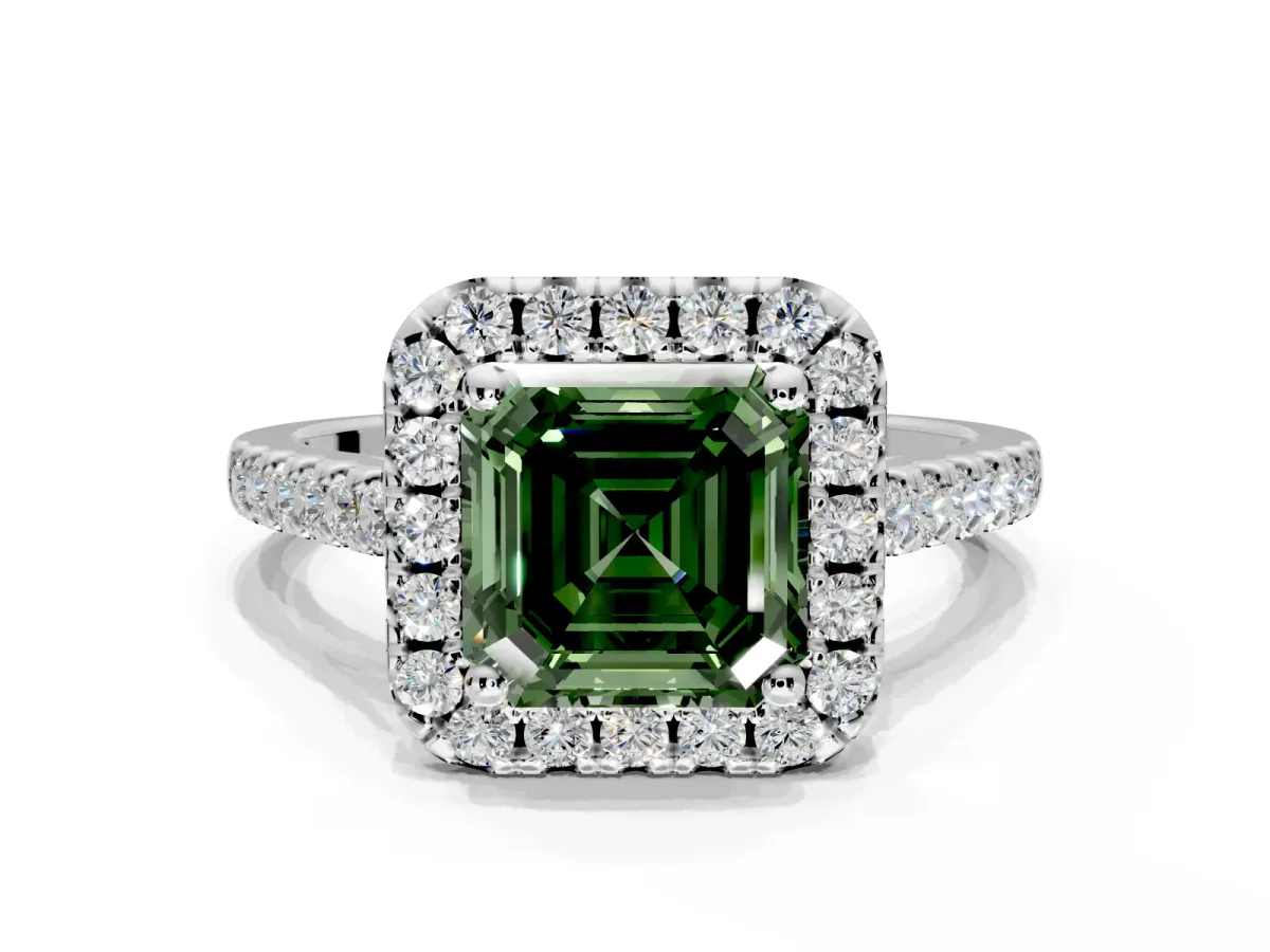 Halo Engagement Ring Setting for Fancy Green Asscher Cut Center with Raised Halo, Pave Band and Prong Head in Sterling Silver