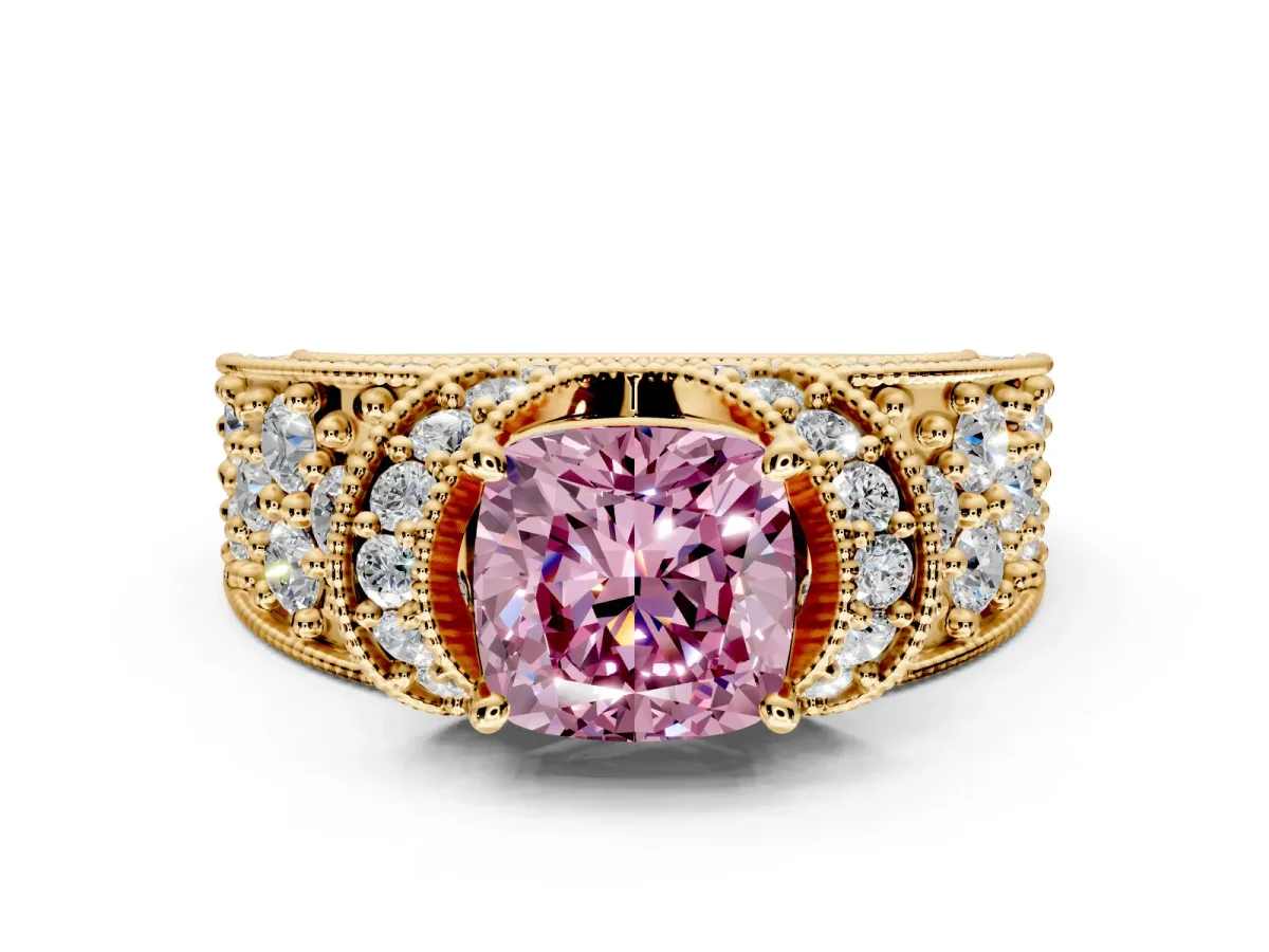 Pave Engagement Ring Setting for Fancy Pink Cushion Cut Center with Curved Accent Rows, Openwork and Prong Head in Yellow Gold