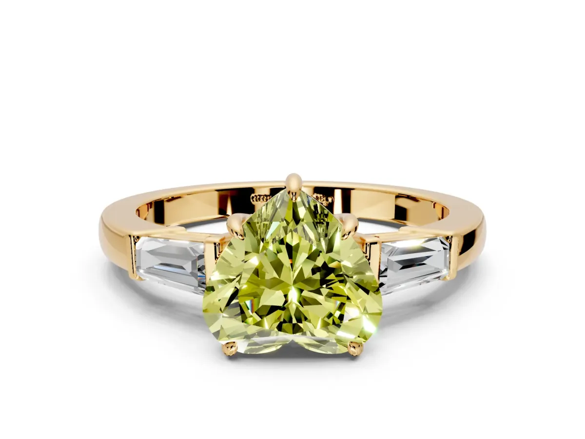 3 Stone Engagement Ring Setting for Fancy Yellow Heart-Shaped Center with Baguette Accents and Prong Head in Yellow Gold