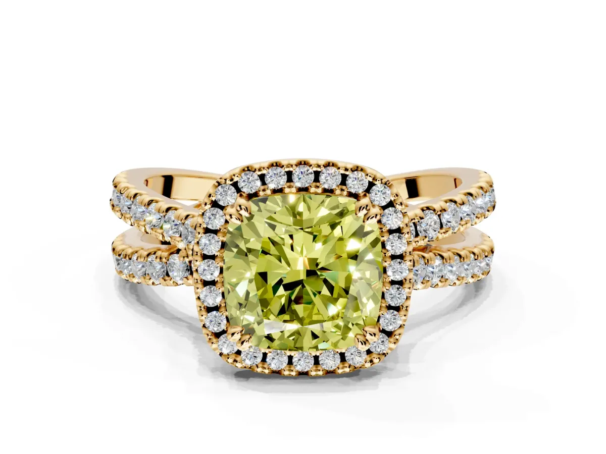 Halo Engagement Ring Setting for Fancy Yellow Cushion Cut Center with Double Pave Split Shank and Prong Head in Yellow Gold