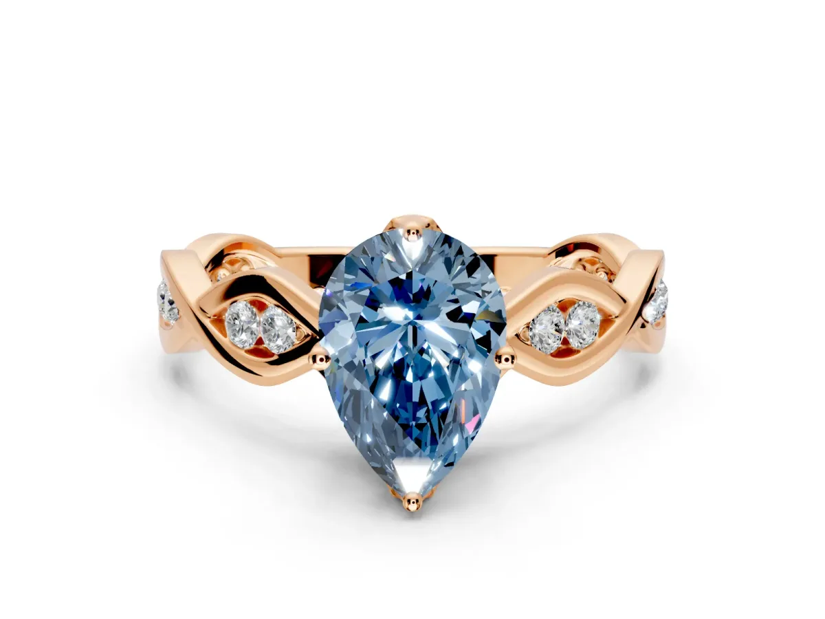 Solitaire Engagement Ring Setting for Fancy Blue Pear-Shaped Center with Accented Twist Band and Leaf Prong Head in Rose Gold