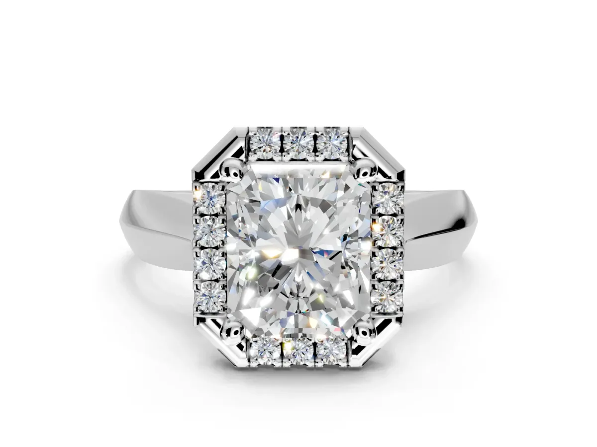 Halo Engagement Ring Setting for Radiant Cut Center with Square Band and Prong Head in Sterling Silver