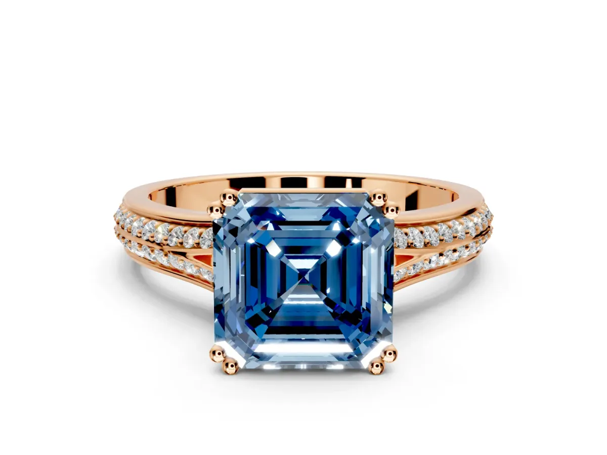 Solitaire Engagement Ring Setting for Fancy Blue Asscher Cut Center with Pave Rail Split Shank and Prong Head in Rose Gold