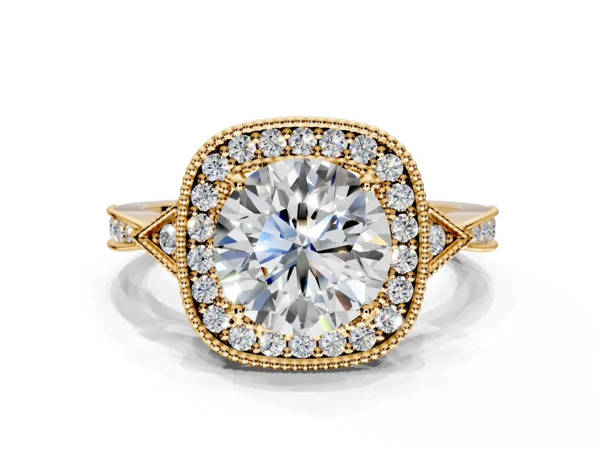 Halo Engagement Ring Setting for Round Cut Center with Milgrain Rim, Pave Band and Prong Head in Yellow Gold
