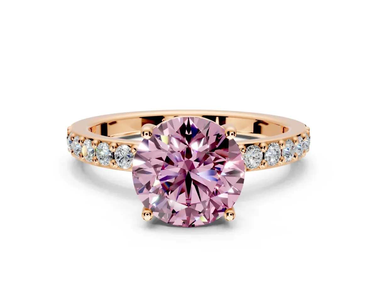 Solitaire Engagement Ring Setting for Fancy Pink Round Cut Center with Round Cut Pave Band and Prong Head in Rose Gold