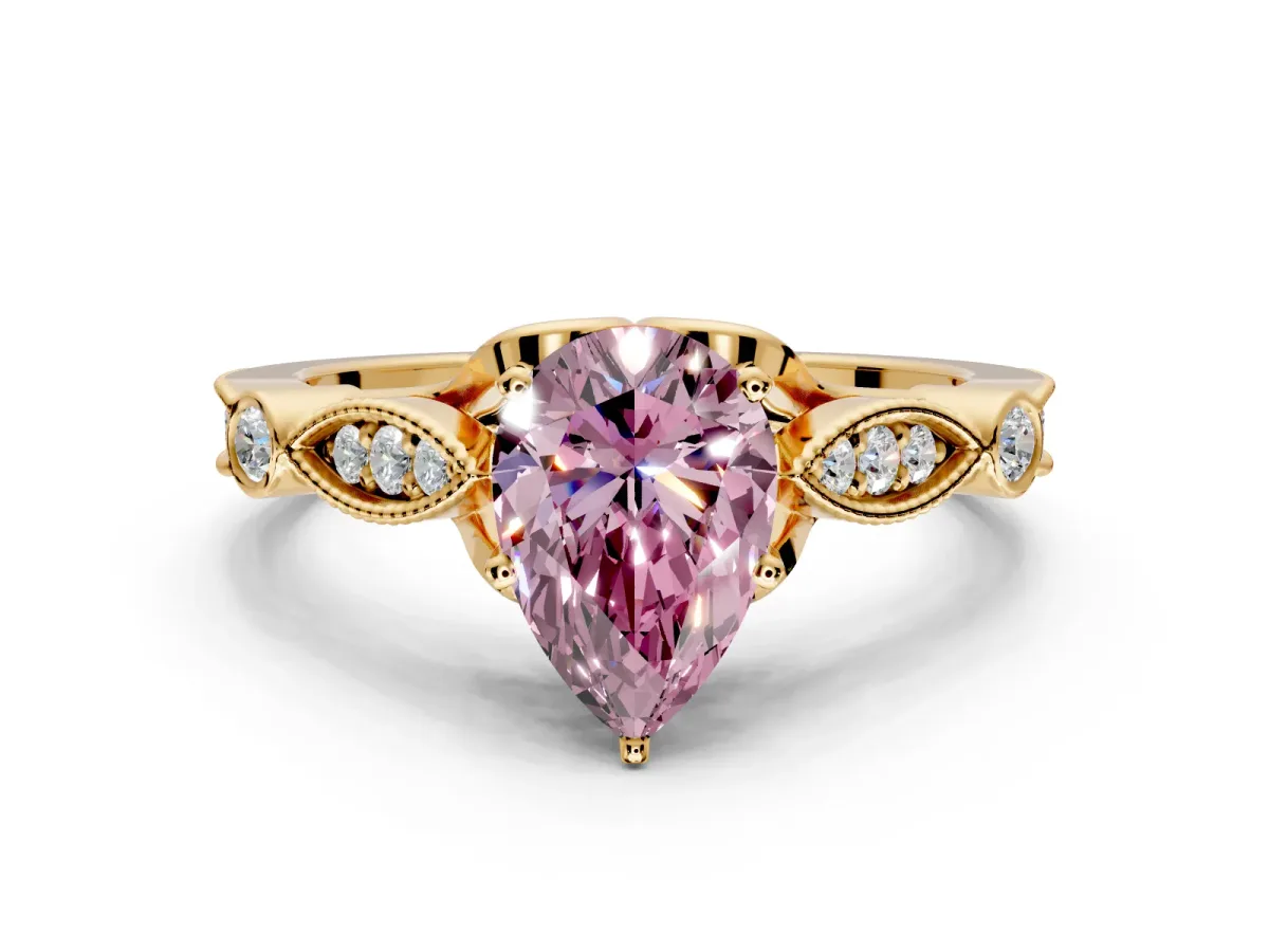 Solitaire Engagement Ring Setting for Fancy Pink Pear-Shaped Center with Marquise and Bezel Accents and Prong Head in Yellow Gold