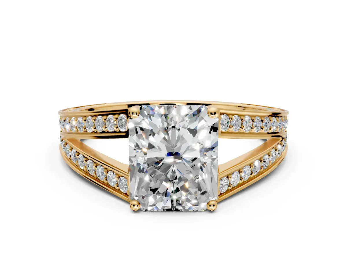 Split Shank Engagement Ring Setting for Radiant Cut Center with Pave Split Shank and Prong Head in Yellow Gold