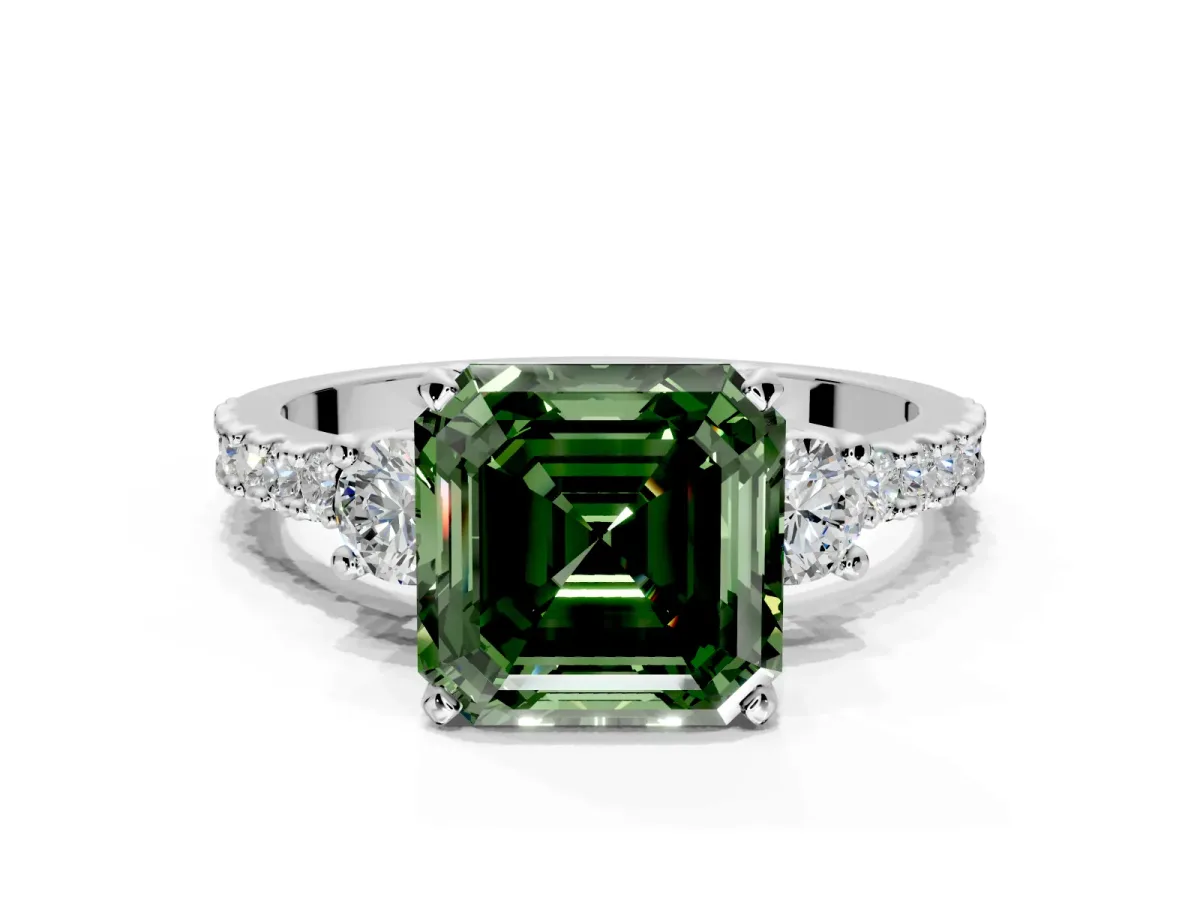 3 Stone Engagement Ring Setting for Fancy Green Asscher Cut Center with Round Cut Side Accents and Prong Head in Platinum