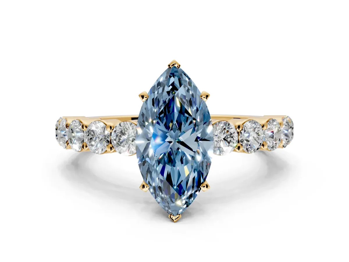 Shared-Prong Engagement Ring Setting for Fancy Blue Marquise Center with Graduated Accents and Prong Head in Yellow Gold