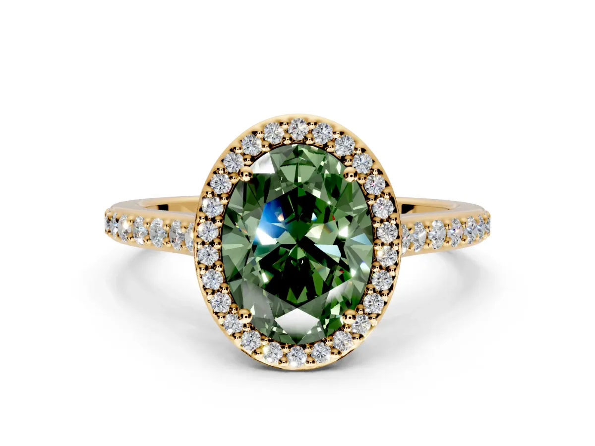 Halo Engagement Ring Setting for Fancy Green Oval Center with Pave Accents, Heart Basket and Prong Head in Yellow Gold