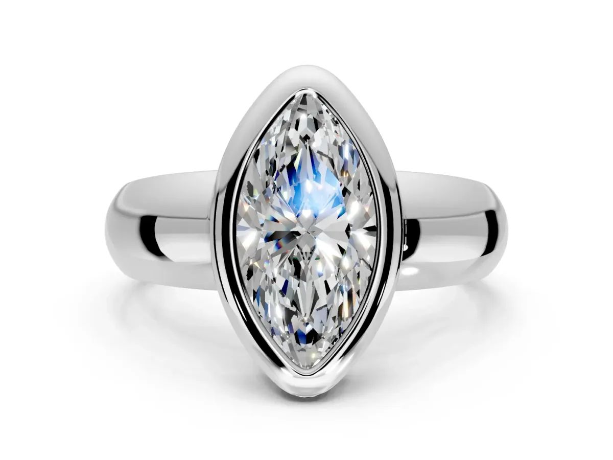 Solitaire Engagement Ring Setting for Marquise Center with Wide Band and Bezel Head in Platinum