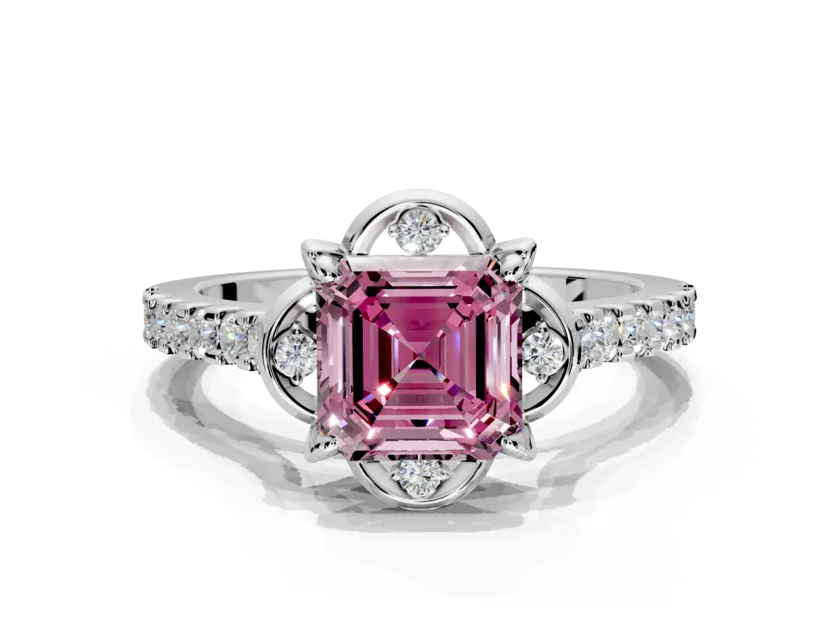 Floral Engagement Ring Setting for Fancy Pink Asscher Cut Center with Pave Band and Floral Prong Head in White Gold
