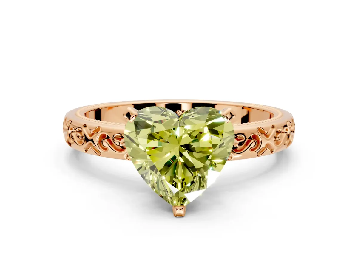Solitaire Engagement Ring Setting for Fancy Yellow Heart-Shaped Center with Scrollwork Band and Prong Head in Rose Gold