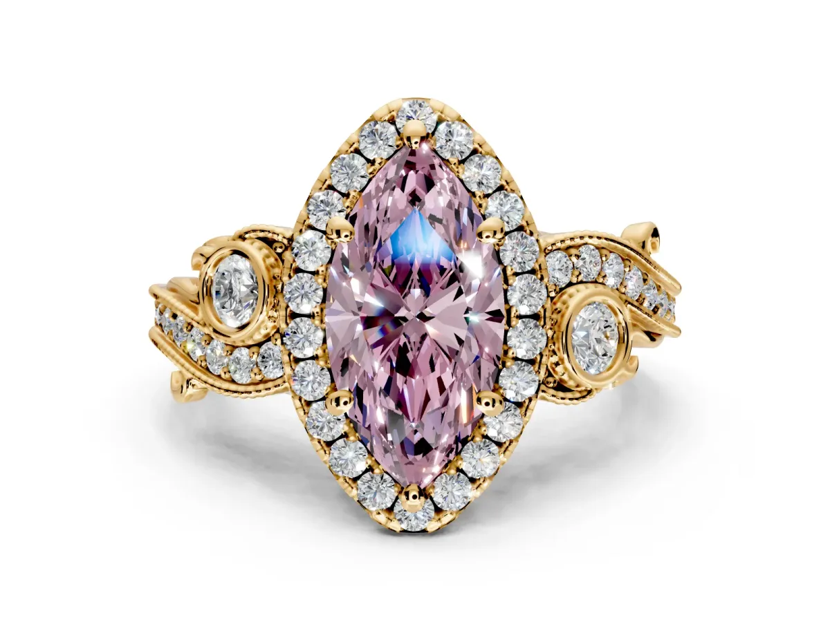 Milgrain Halo Engagement Ring Setting for Fancy Pink Marquise Center with Shoulder Bezels and Prong Head in Yellow Gold