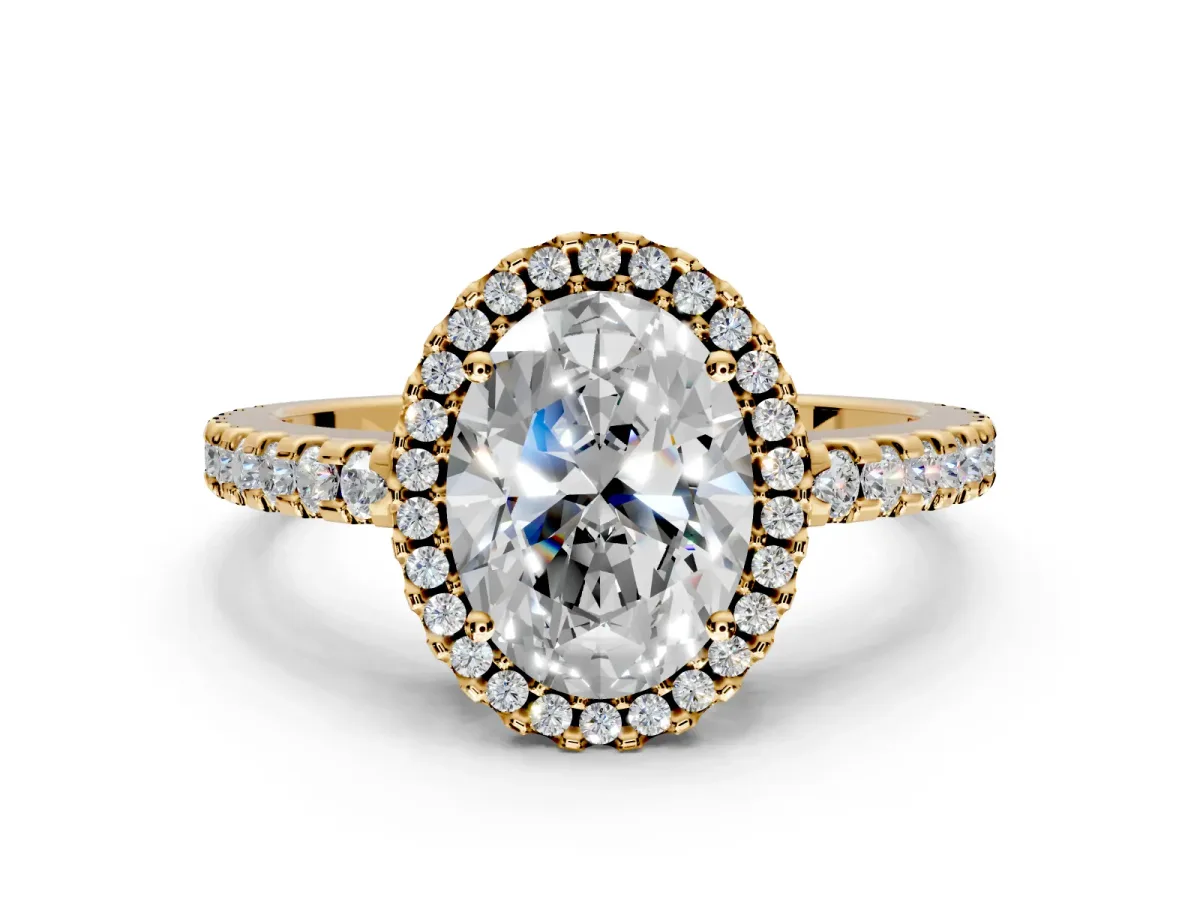 Accent Halo Engagement Ring Setting for Oval Center with Full-Length Pave Band and Prong Head in Yellow Gold