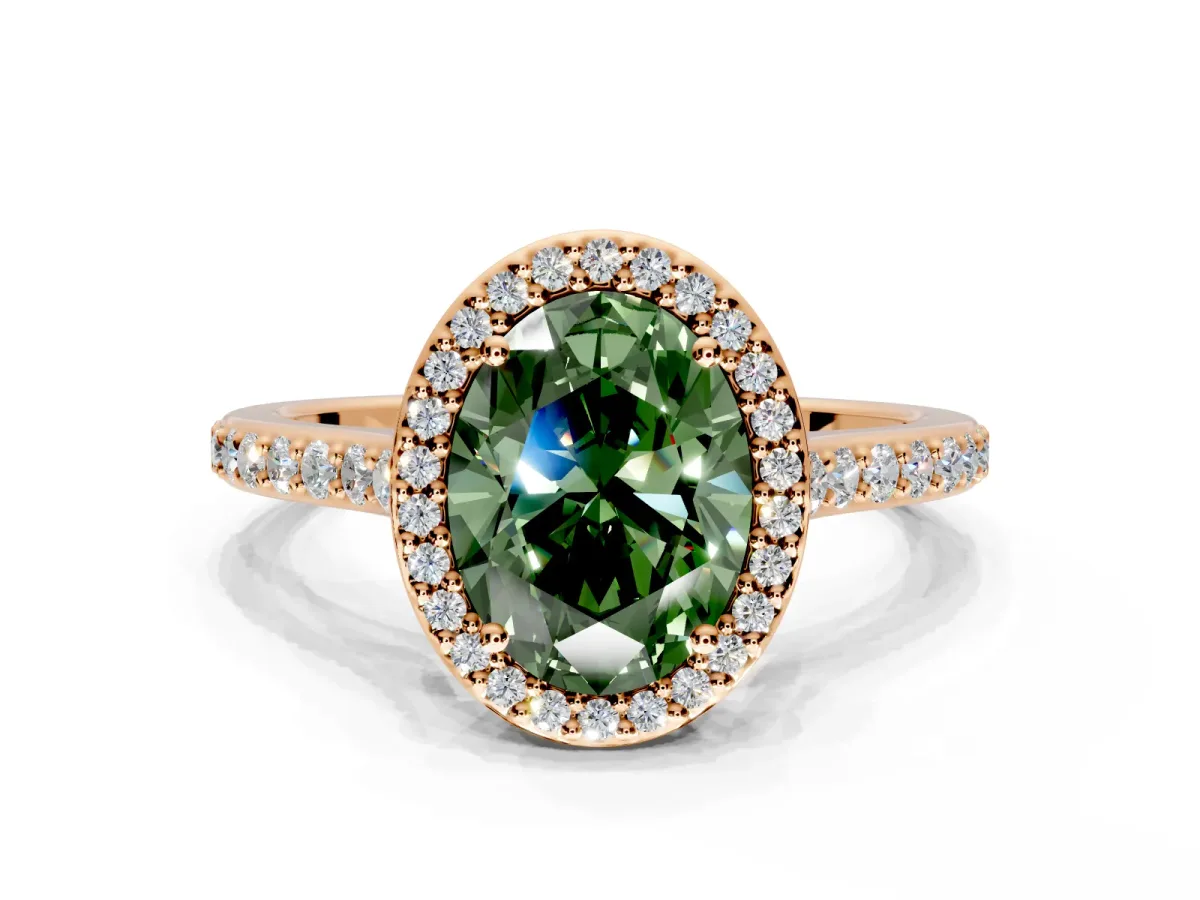 Halo Engagement Ring Setting for Fancy Green Oval Center with Pave Accents, Heart Basket and Prong Head in Rose Gold