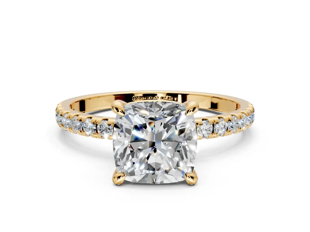 Solitaire Engagement Ring Setting for Cushion Cut Center with Fine Pave Narrow Band and Prong Head in Yellow Gold