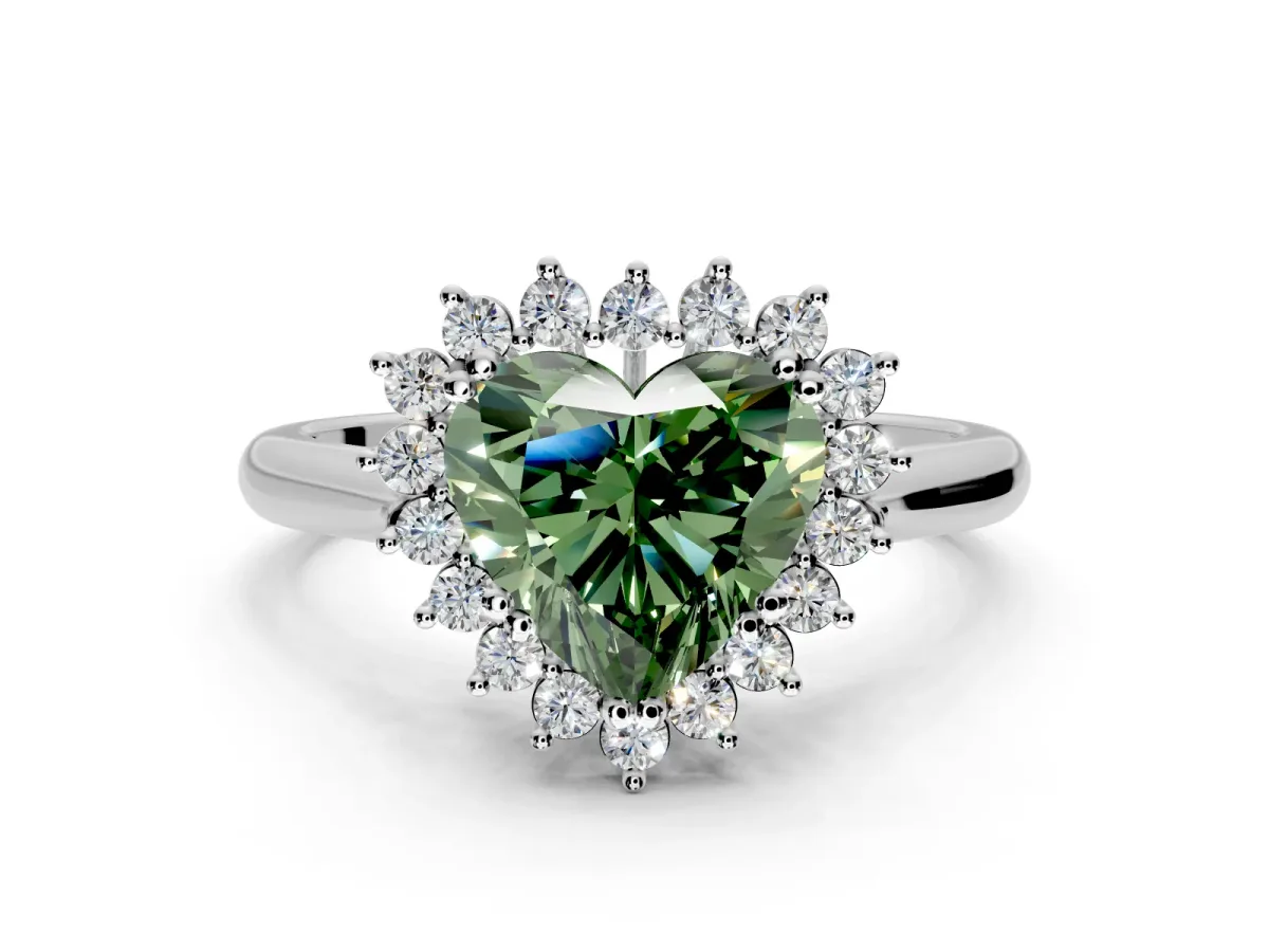 Starburst Halo Engagement Ring Setting for Fancy Green Heart-Shaped Center with Thin Round-Wire Band and Prong Head in Sterling Silver