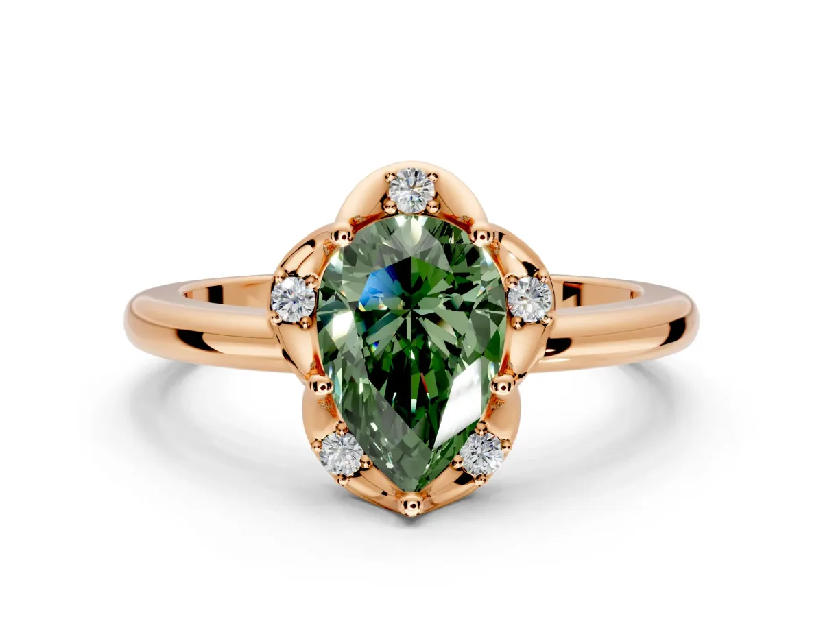 Floral Frame Engagement Ring Setting for Fancy Green Pear-Shaped Center with Accent Clusters and Prong Head in Rose Gold