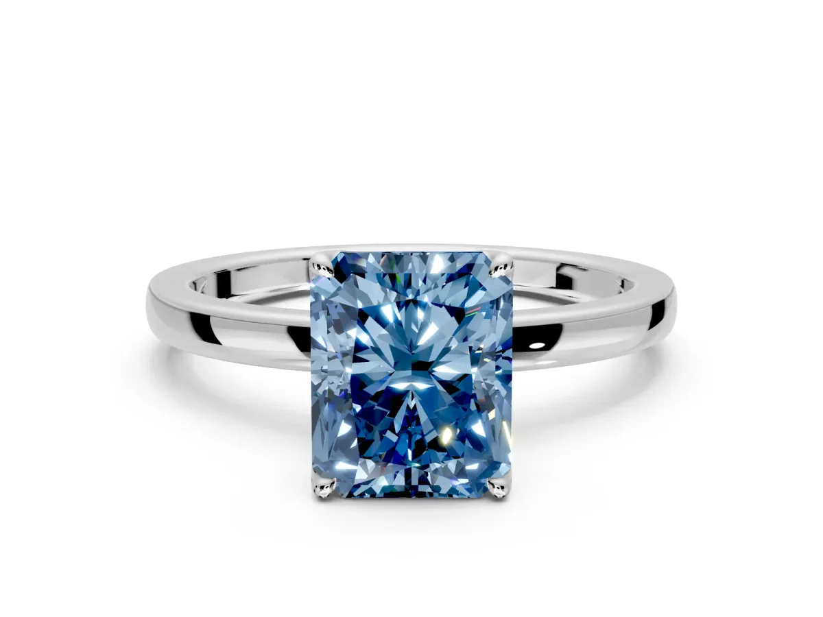 Solitaire Engagement Ring Setting for Fancy Blue Radiant Cut Center with Thin Rounded Plain Band and Prong Head in Platinum