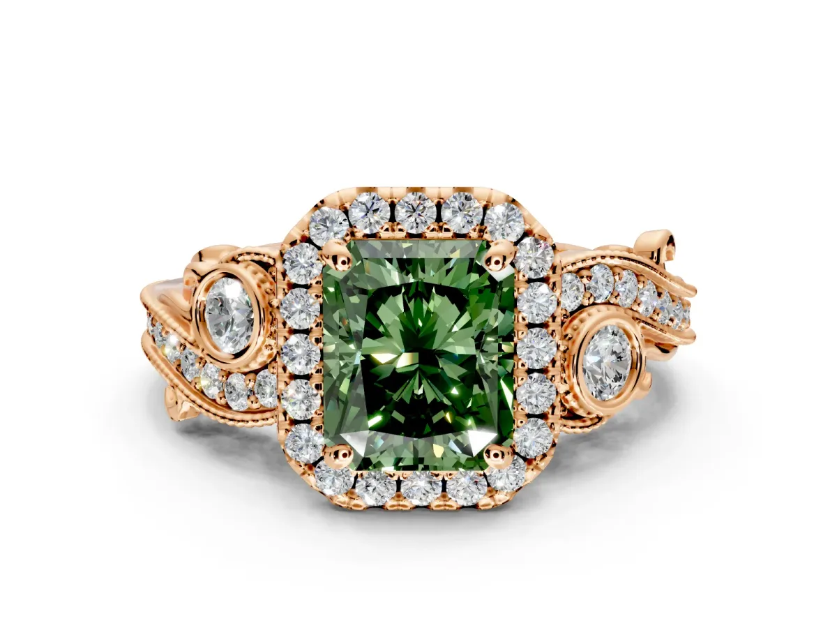 Milgrain Halo Engagement Ring Setting for Fancy Green Radiant Cut Center with Shoulder Bezels and Prong Head in Rose Gold
