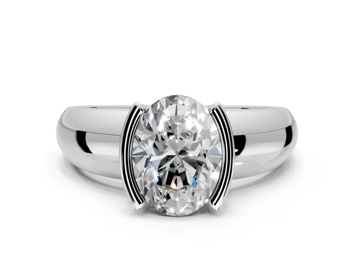 Tension Engagement Ring Setting for Oval Center with Wide Flat Band and Tension Head in Platinum