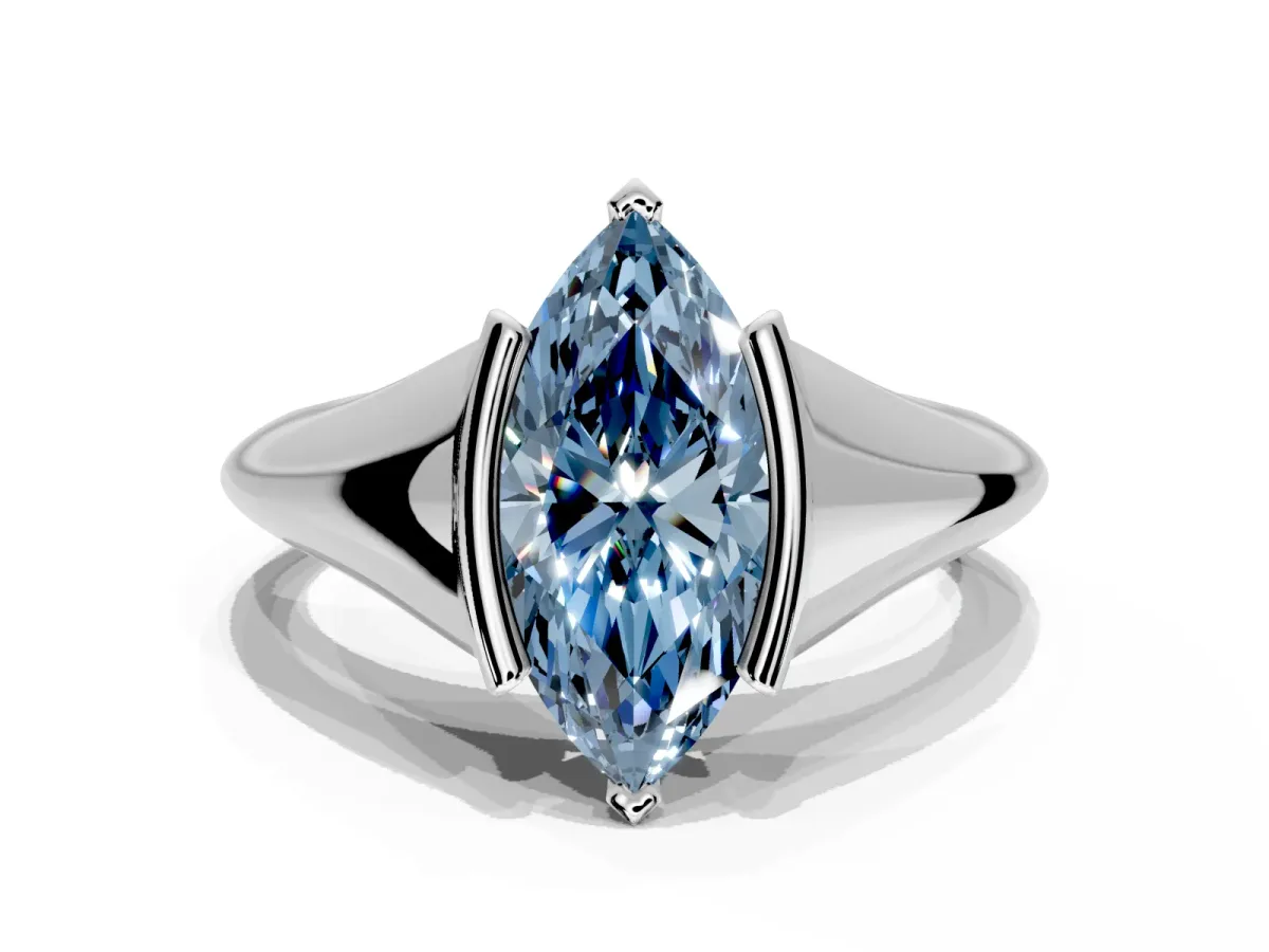 Tension Engagement Ring Setting for Fancy Blue Marquise Center with Wide Tapered Band and Tension Head in Platinum