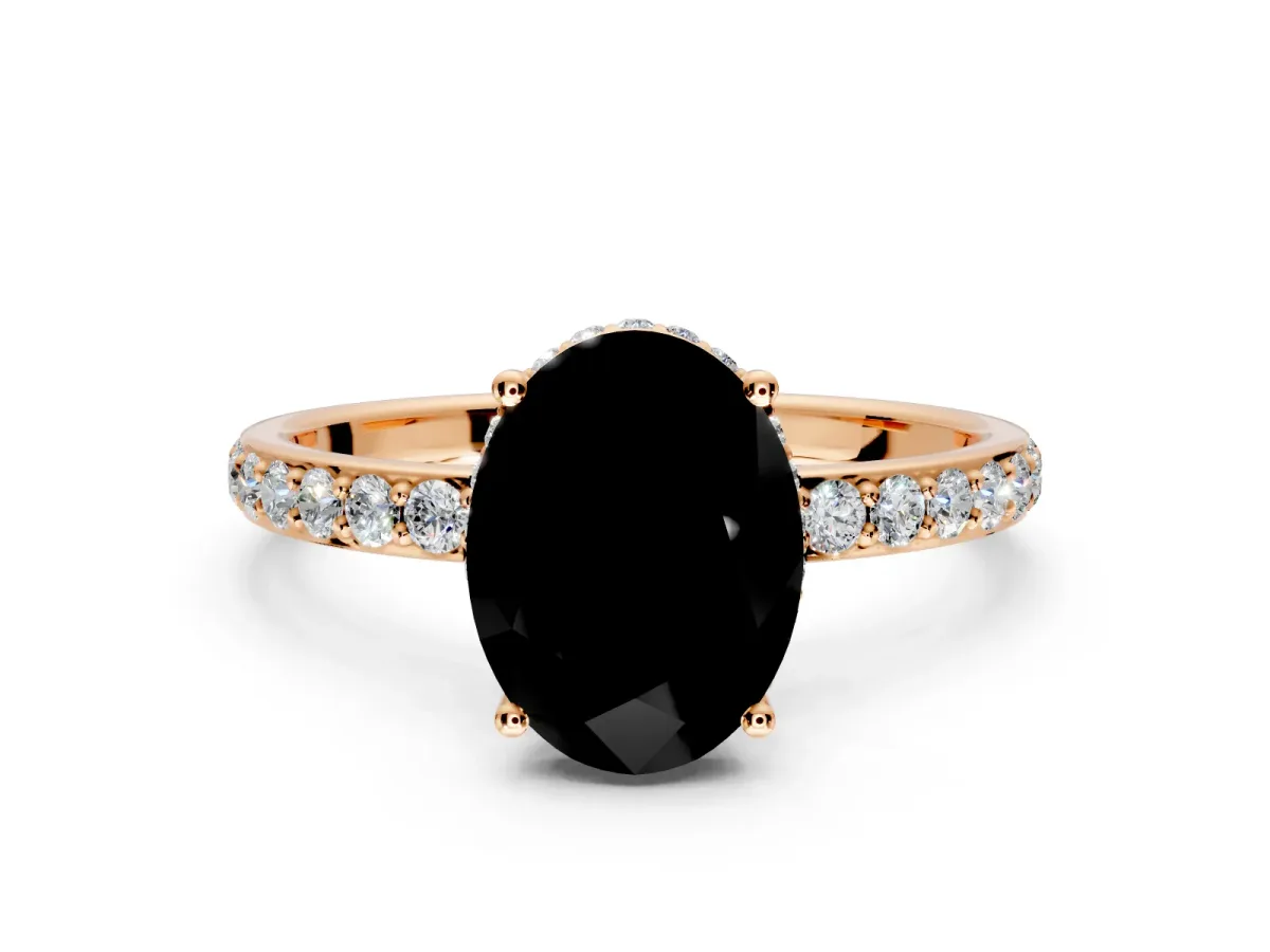 Hidden Halo Engagement Ring Setting for Fancy Black Oval Center with Pave Band and Prong Head in Rose Gold