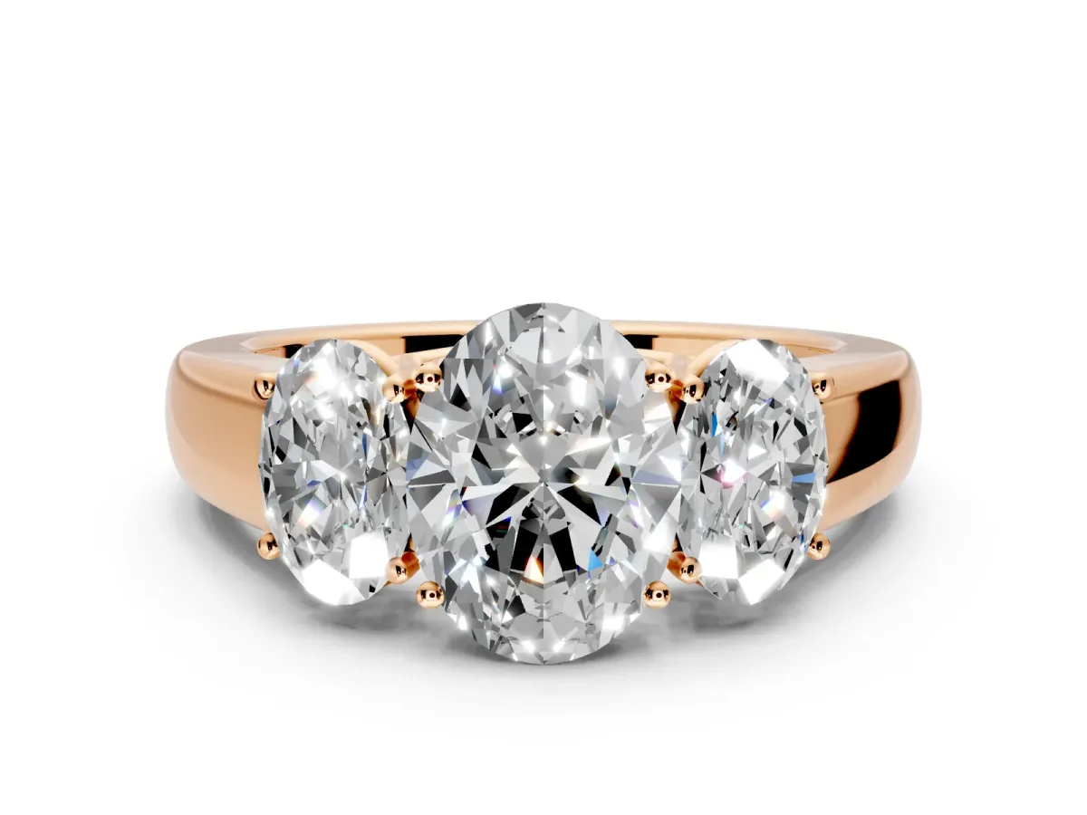 3 Stone Engagement Ring Setting for Oval Center with Raised Basket Heads and Prong Head in Rose Gold