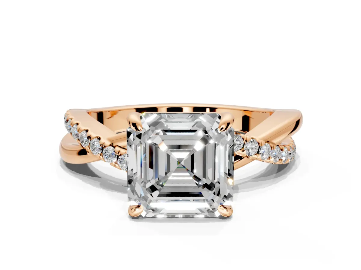 Solitaire Engagement Ring Setting for Asscher Cut Center with Half-Pave Crossover Band and Prong Head in Rose Gold