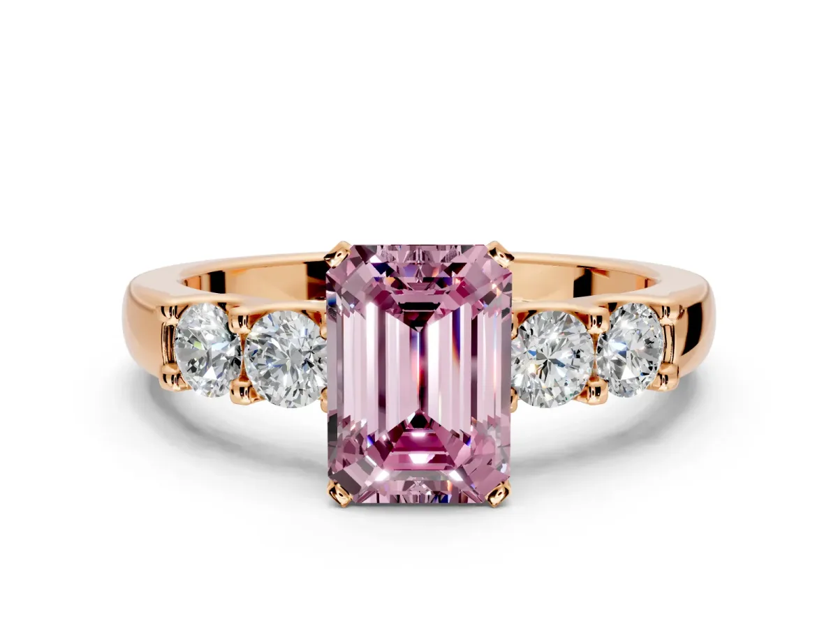 5 Stone Engagement Ring Setting for Fancy Pink Emerald Cut Center with Plain Band and Prong Head in Rose Gold