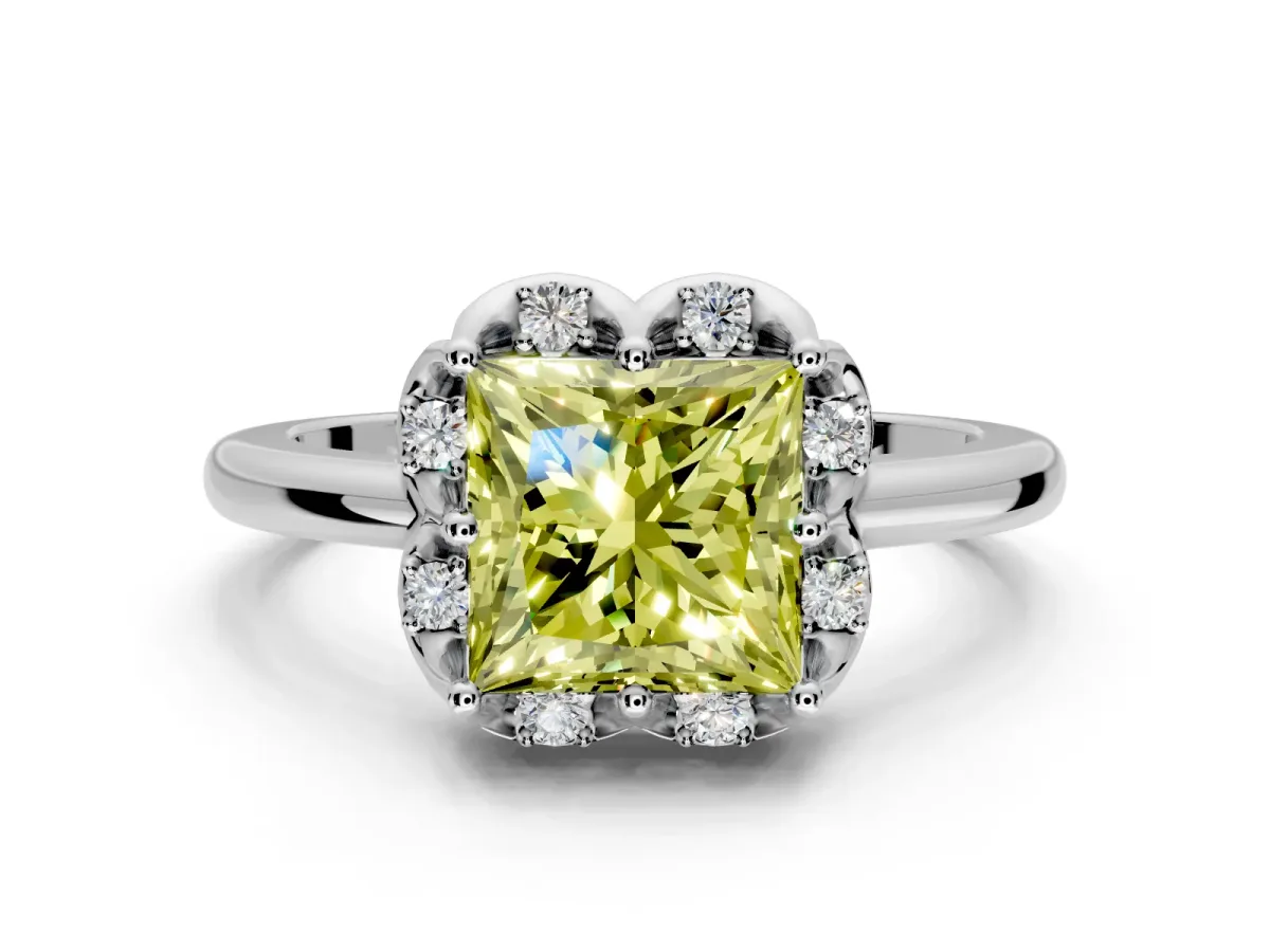 Floral Frame Engagement Ring Setting for Fancy Yellow Princess Cut Center with Accent Clusters and Prong Head in Platinum