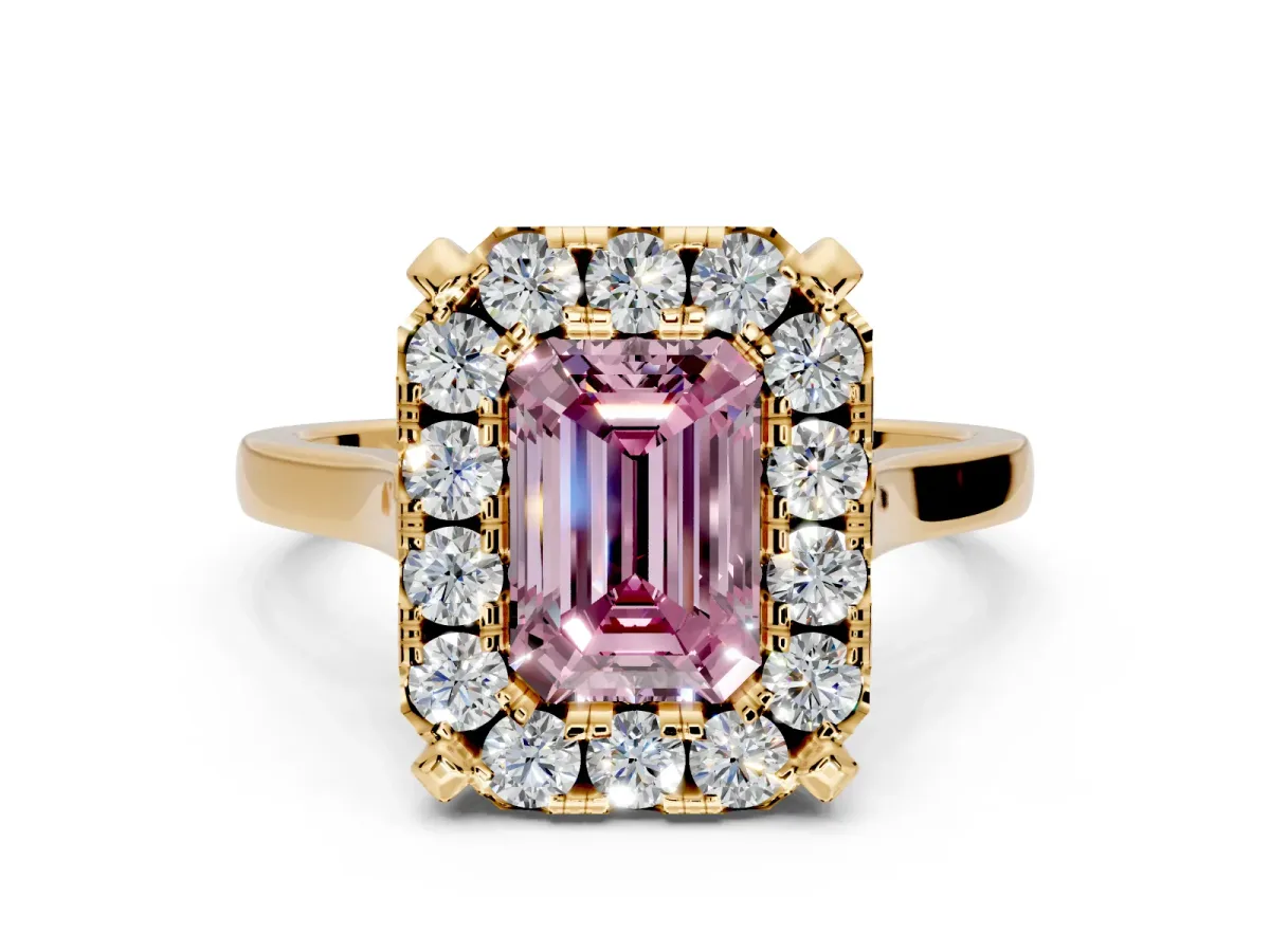 Single Halo Engagement Ring Setting for Fancy Pink Emerald Cut Center with Corner Claws, Plain Band and Prong Head in Yellow Gold