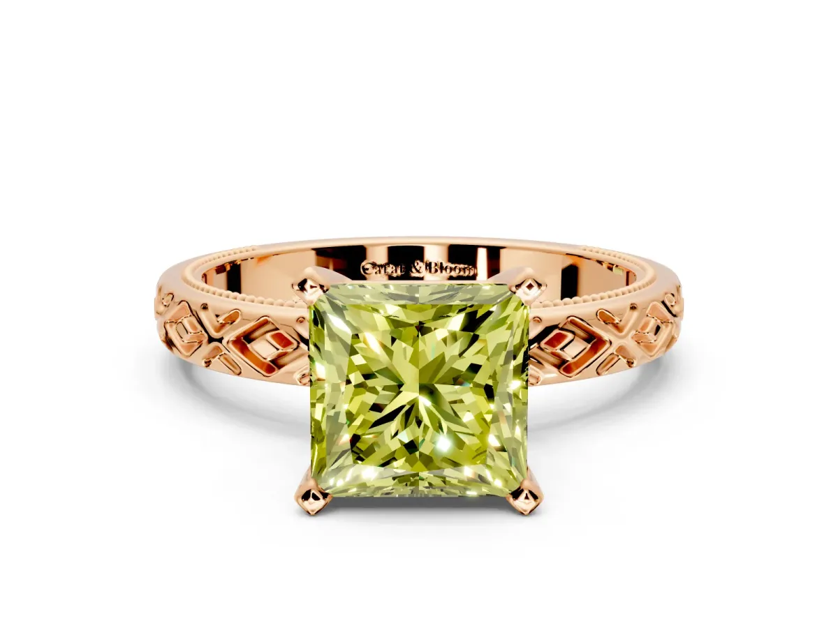 Solitaire Engagement Ring Setting for Fancy Yellow Princess Cut Center with Milgrain X Pattern Band and Prong Head in Rose Gold