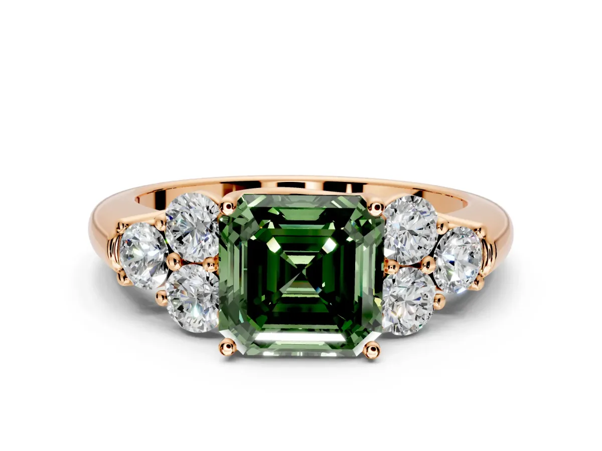 Cluster Engagement Ring Setting for Fancy Green Asscher Cut Center with Round Cut Accent Frame and Prong Head in Rose Gold