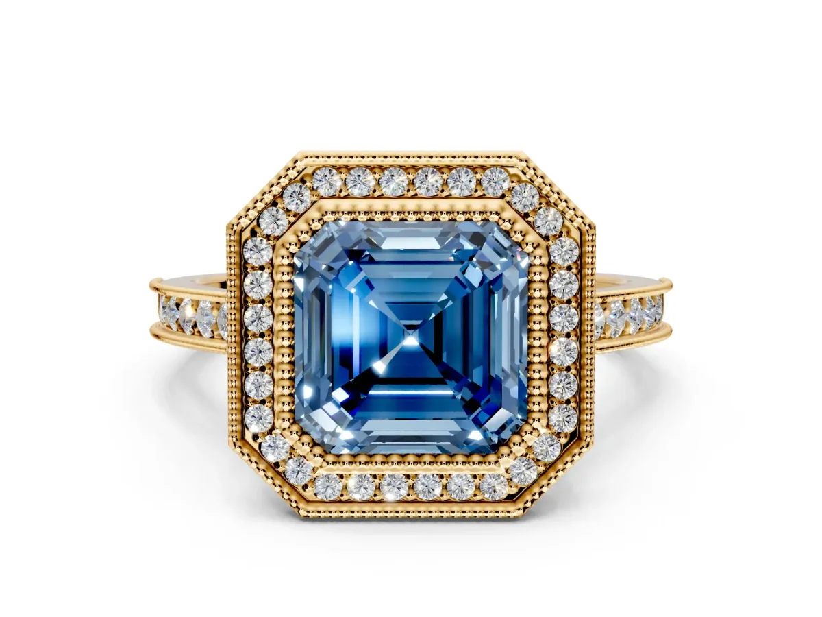 Halo Engagement Ring Setting for Fancy Blue Asscher Cut Center with Milgrain Pave Band and Bezel Head in Yellow Gold