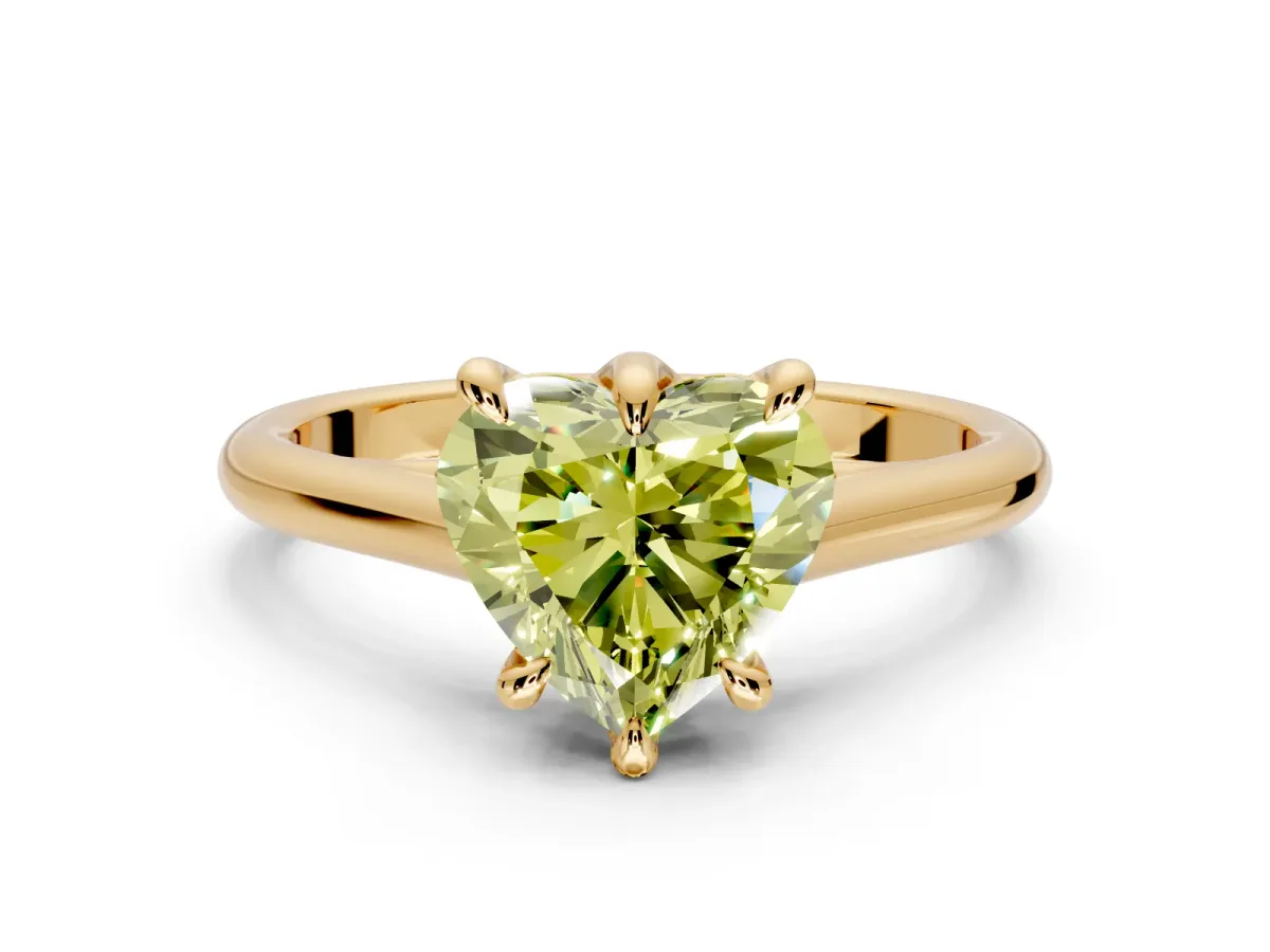 Solitaire Engagement Ring Setting for Fancy Yellow Heart-Shaped Center with Cathedral Band and Prong Head in Yellow Gold