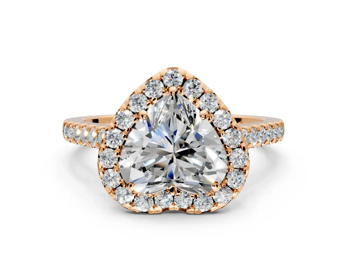 Halo Engagement Ring Setting for Heart-Shaped Center with Narrowing Pave Band and Prong Head in Rose Gold