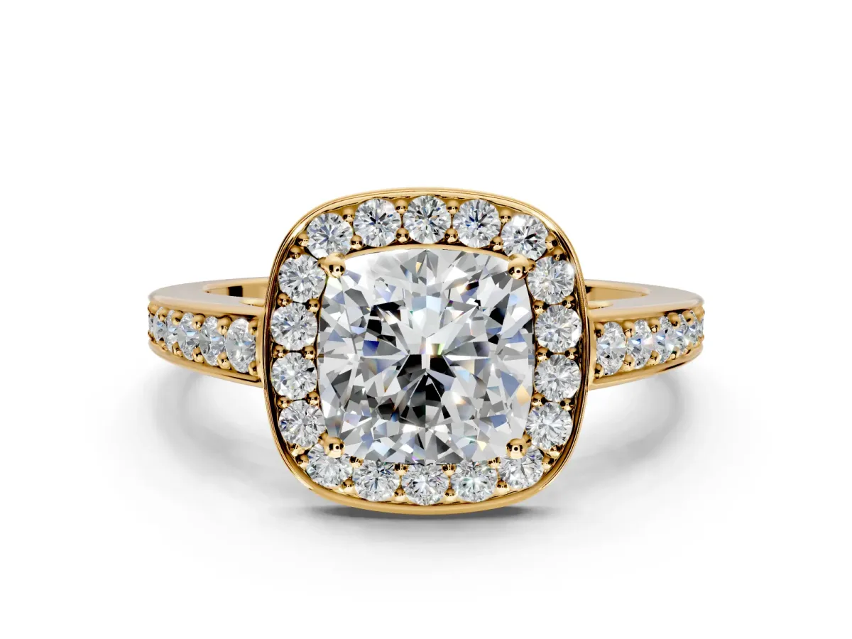 Bezel-Framed Halo Engagement Ring Setting for Cushion Cut Center with Pave Band and Prong Head in Yellow Gold